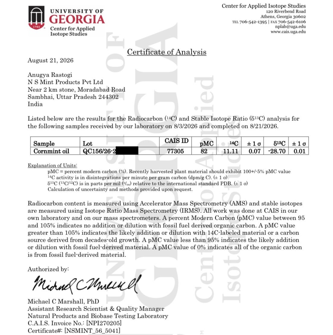 C-14 certificate from the University of Georgia