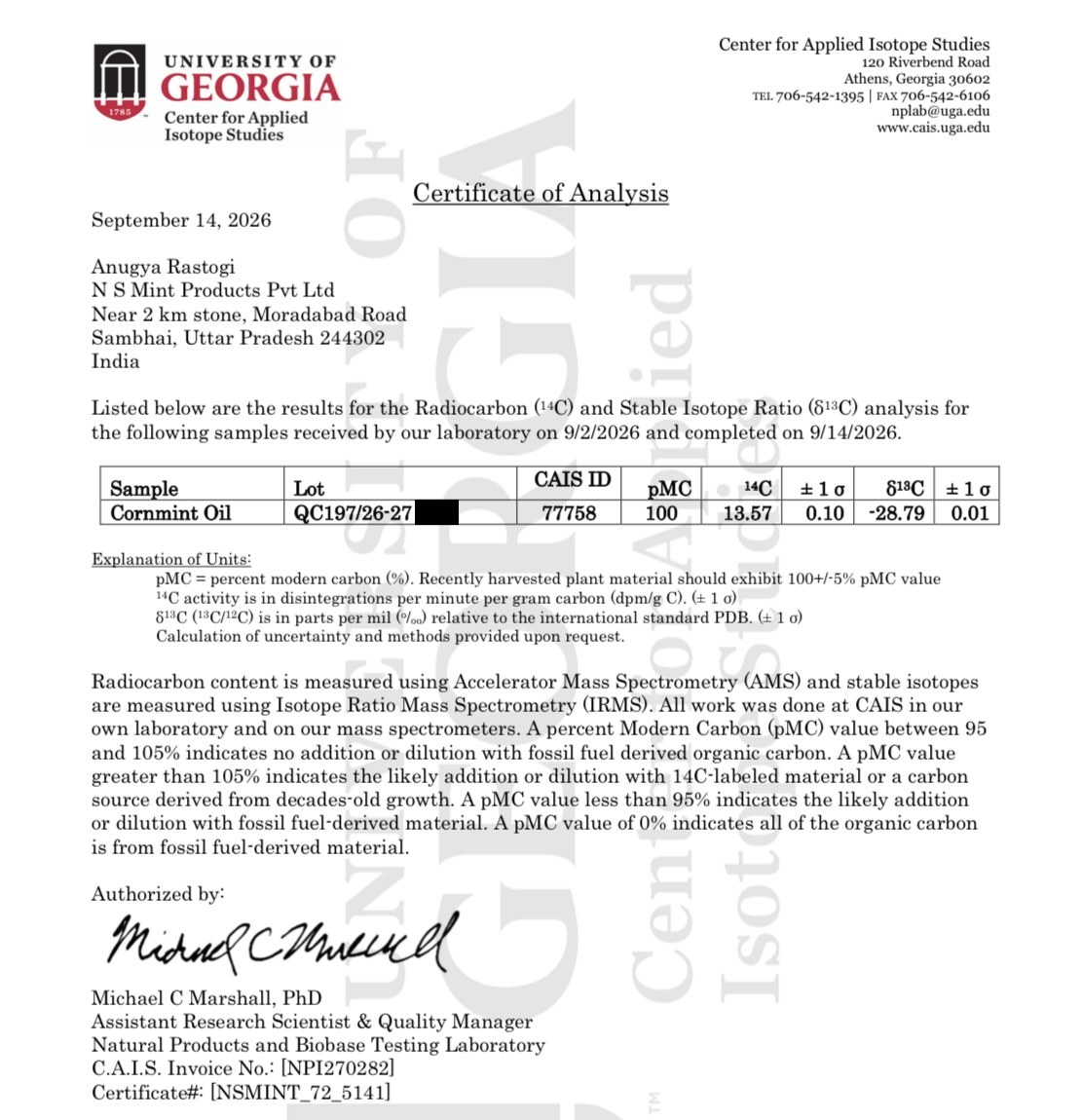 C-14 certificate from the University of Georgia